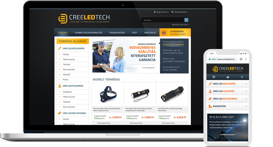 creeLEDtech egyedi fejlesztésű webshop