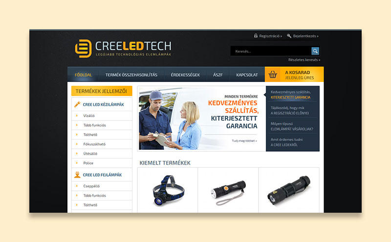 creeLEDtech egyedi fejlesztésű webshop